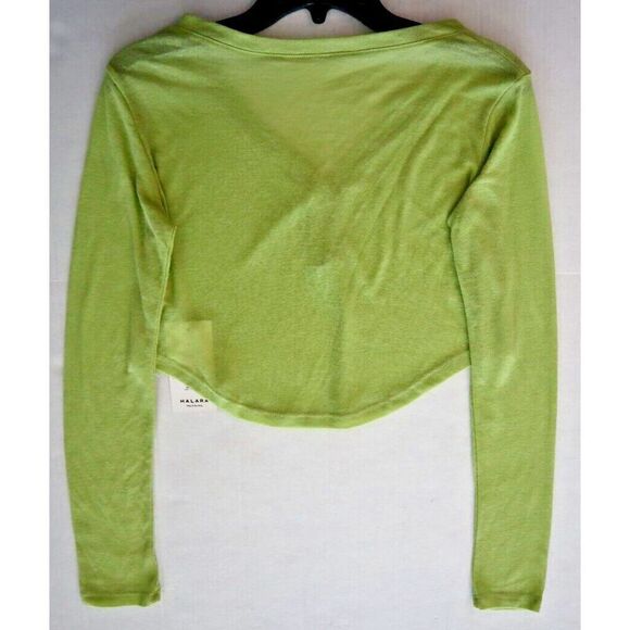 Halara Women's Sz S Reed Green V-Neck Button L/S Curved Hem Cropped Top - Picture 4 of 9
